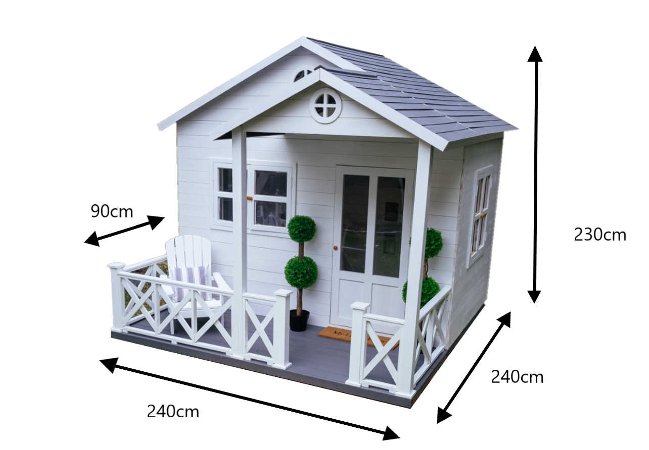 Large white and grey Hamptons cubby house with measurements