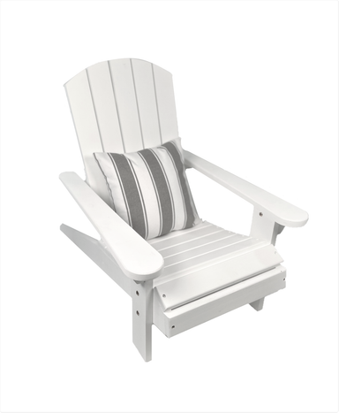 White timber kids adirondack chair with white and grey striped cushion.