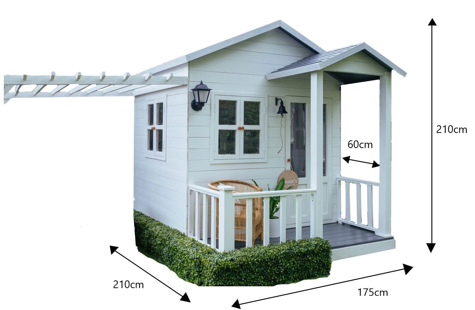 Large white and grey timber cubby house with pergola.